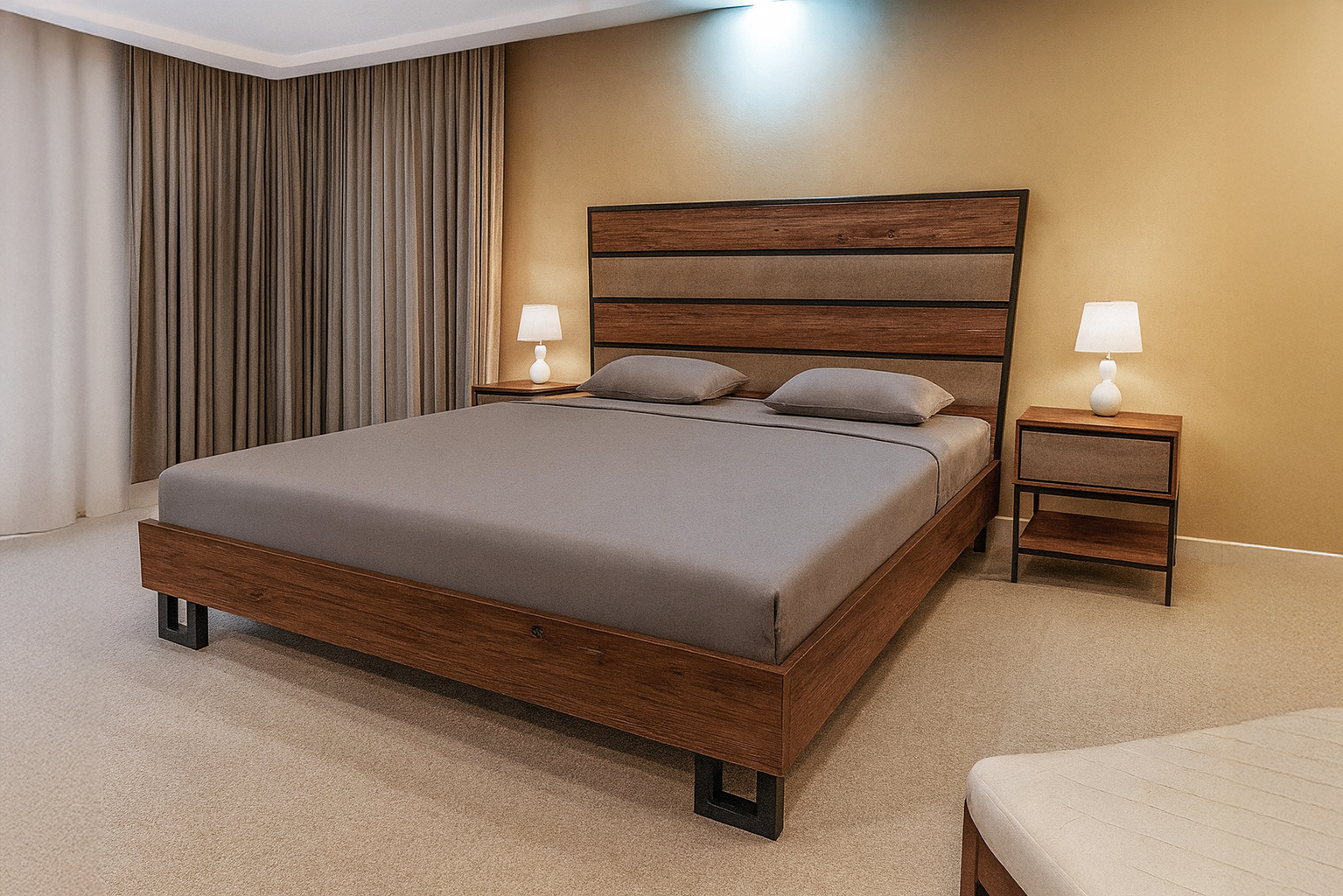 WOODY MPEZ ΚΡΕΒΑΤΙ ΔΙΠΛΟ WOODY Spitimade® ΞΥΛΙΝΟ ΜΕ ΥΦΑΣΜΑ ΣΕ ΜΠΕΖ ΑΠΟΧΡΩΣΗ - Image 1