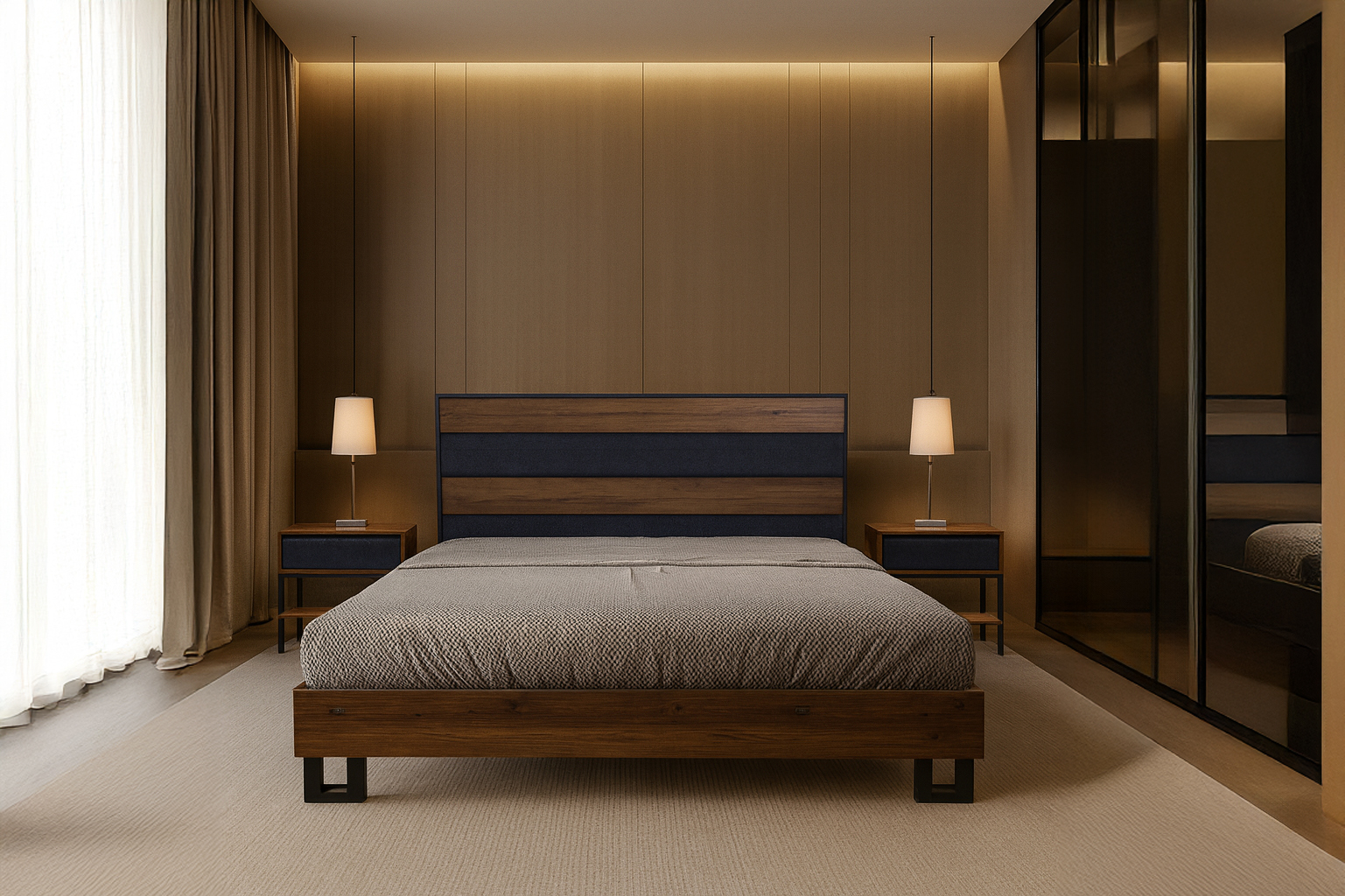 WOODY Mple ΚΡΕΒΑΤΙ ΔΙΠΛΟ WOODY Spitimade® ΞΥΛΙΝΟ ΜΕ ΥΦΑΣΜΑ ΣΕ ΜΠΛΕ ΡΑΦ ΑΠΟΧΡΩΣΗ - Image 1