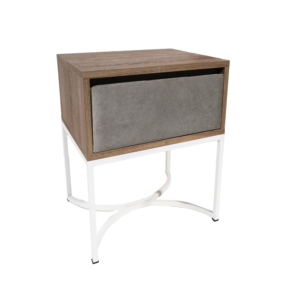 anoixtoksilino aspri vasi Κομοδίνο Komo-Arco Mε Υφασμάτινη Λεπτομέρεια & Λευκή Μεταλλική Βάση - Image 1