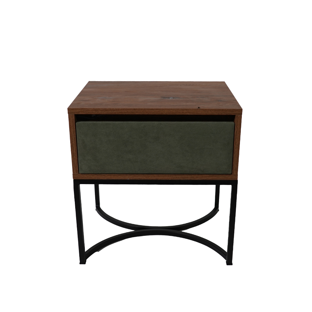 komo-arco ξυλινο πράσινο χρυση βαση (22) Κομοδίνο Komo-Arco Mε Υφασμάτινη Λεπτομέρεια & Μαύρη Μεταλλική Βάση - Image 1