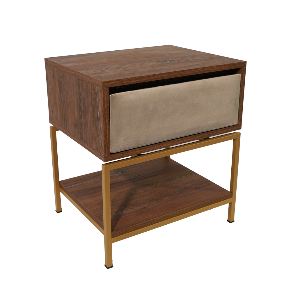 ksilinompez.ksilinixrysi2 Κομοδίνο Komo-Woodtex με Υφασμάτινο Συρτάρι & Χρυσή Μεταλλική Βάση - Image 1