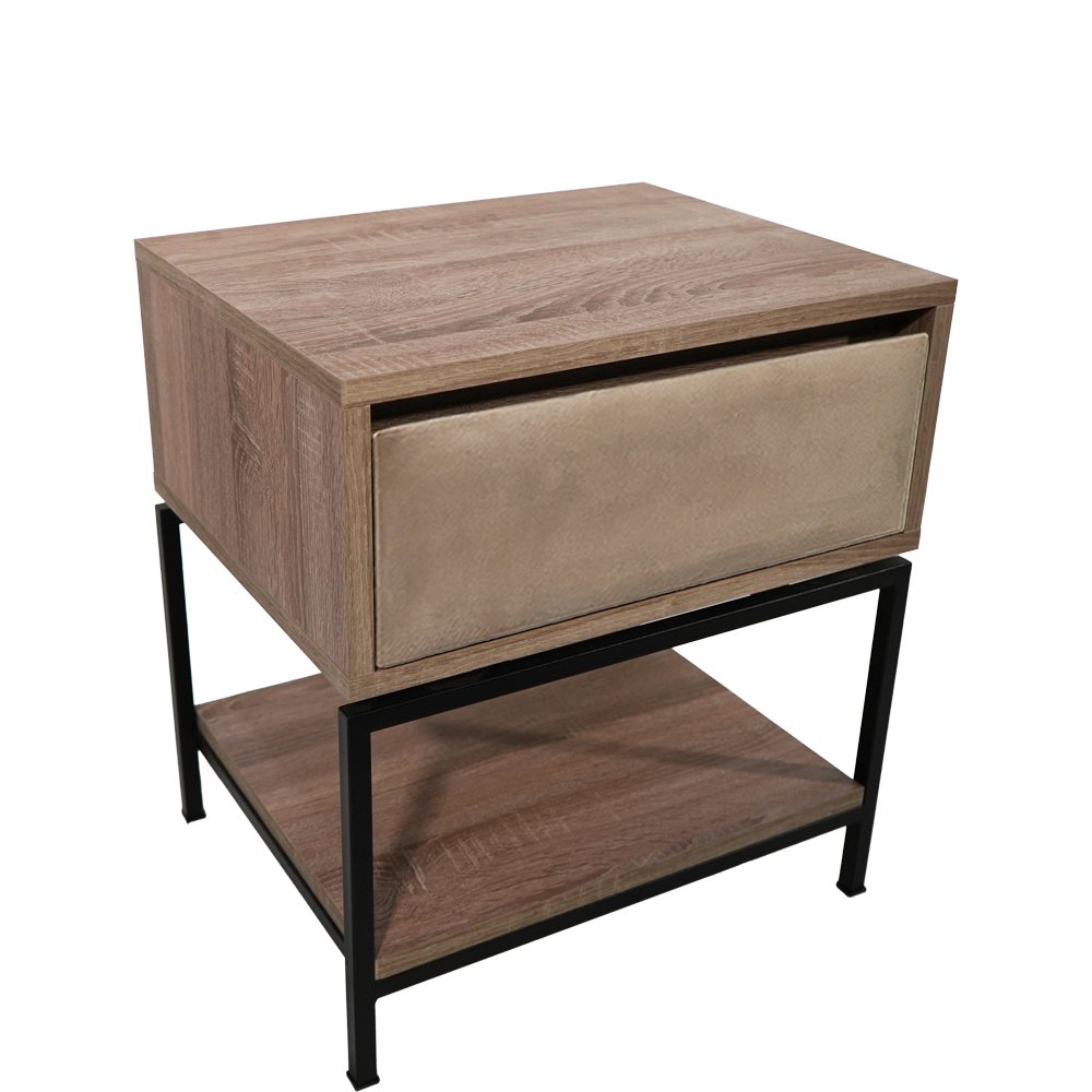 ξυλινη μαυρη ανοιχτη Κομοδίνο Komo-Woodtex με Υφασμάτινο Συρτάρι & Μαύρη Μεταλλική Βάση - Image 1