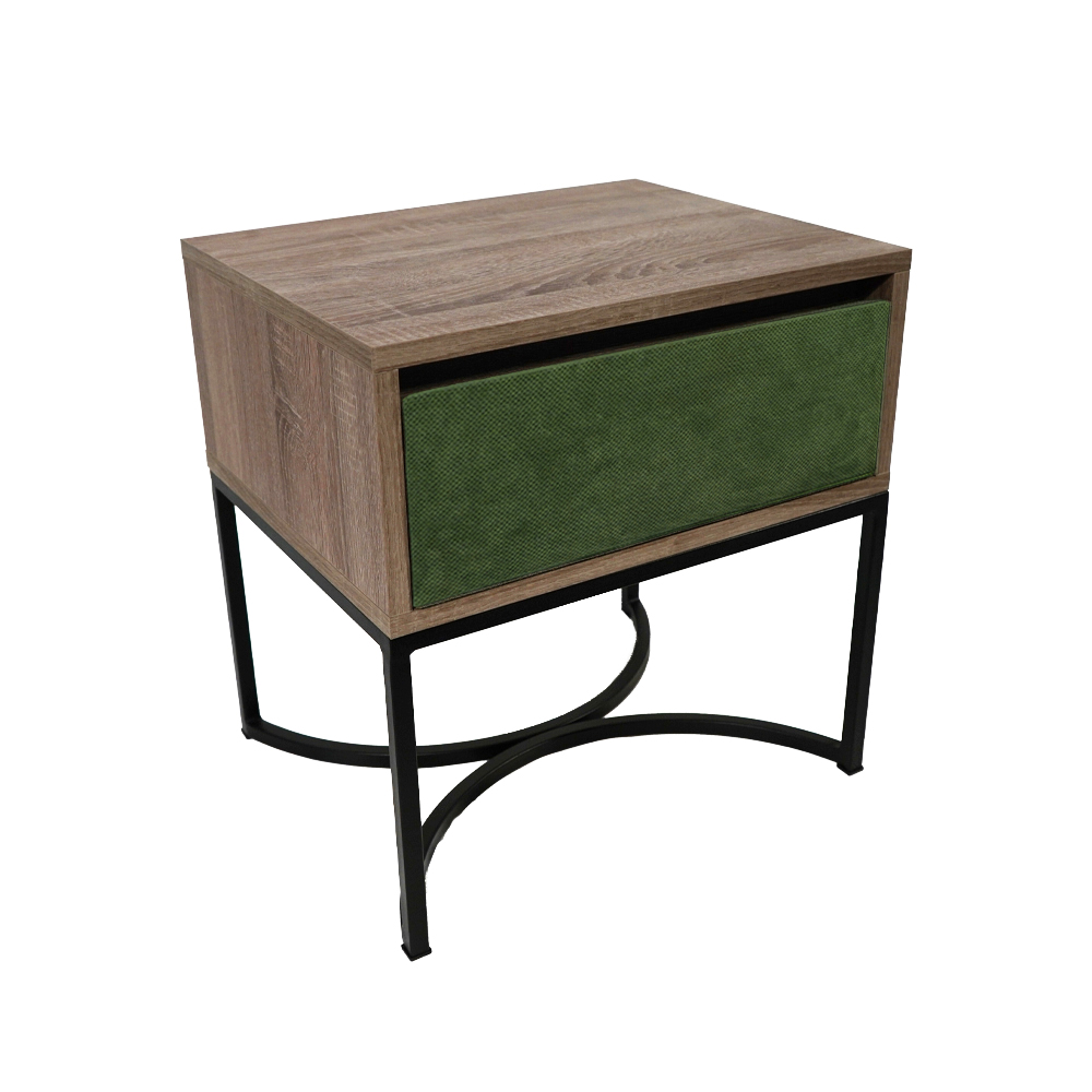 ξυλινο μαυρη βαση Κομοδίνο Komo-Arco Mε Υφασμάτινη Λεπτομέρεια & Μαύρη Μεταλλική Βάση - Image 1