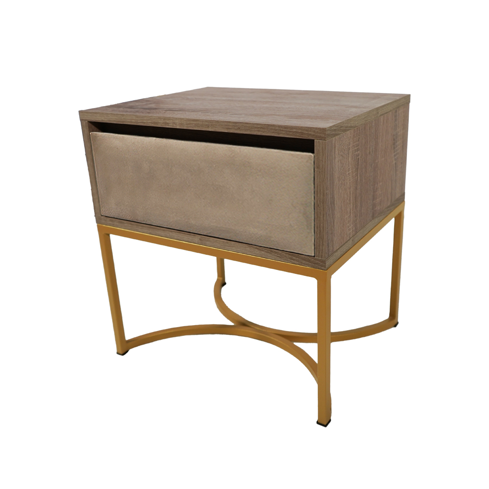 ξυλινο μπεζ χρυση βαση 3 Κομοδίνο Komo-ARCO Mε Υφασμάτινη Λεπτομέρεια & Χρυσή Μεταλλική Βάση - Image 1