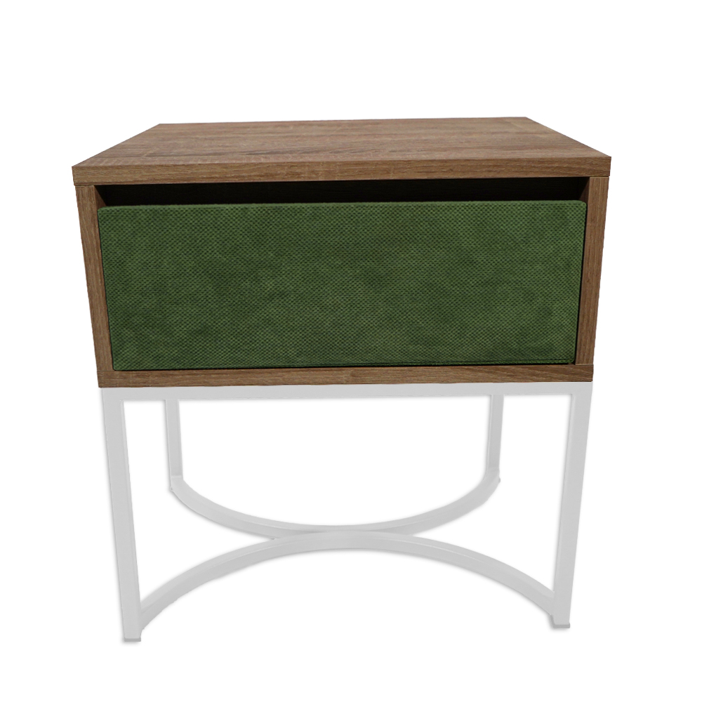 ξυλινο πρασινο ασπρη βαση - Αντιγραφή Κομοδίνο Komo-Arco Mε Υφασμάτινη Λεπτομέρεια & Λευκή Μεταλλική Βάση - Image 1