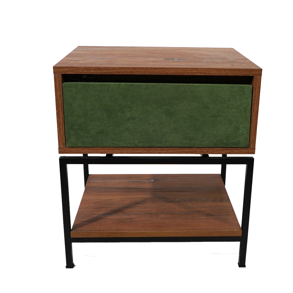 ξυλινο πρασινο ξυλινη μαυρη Κομοδίνο Komo-Woodtex με Υφασμάτινο Συρτάρι & Μαύρη Μεταλλική Βάση - Image 1