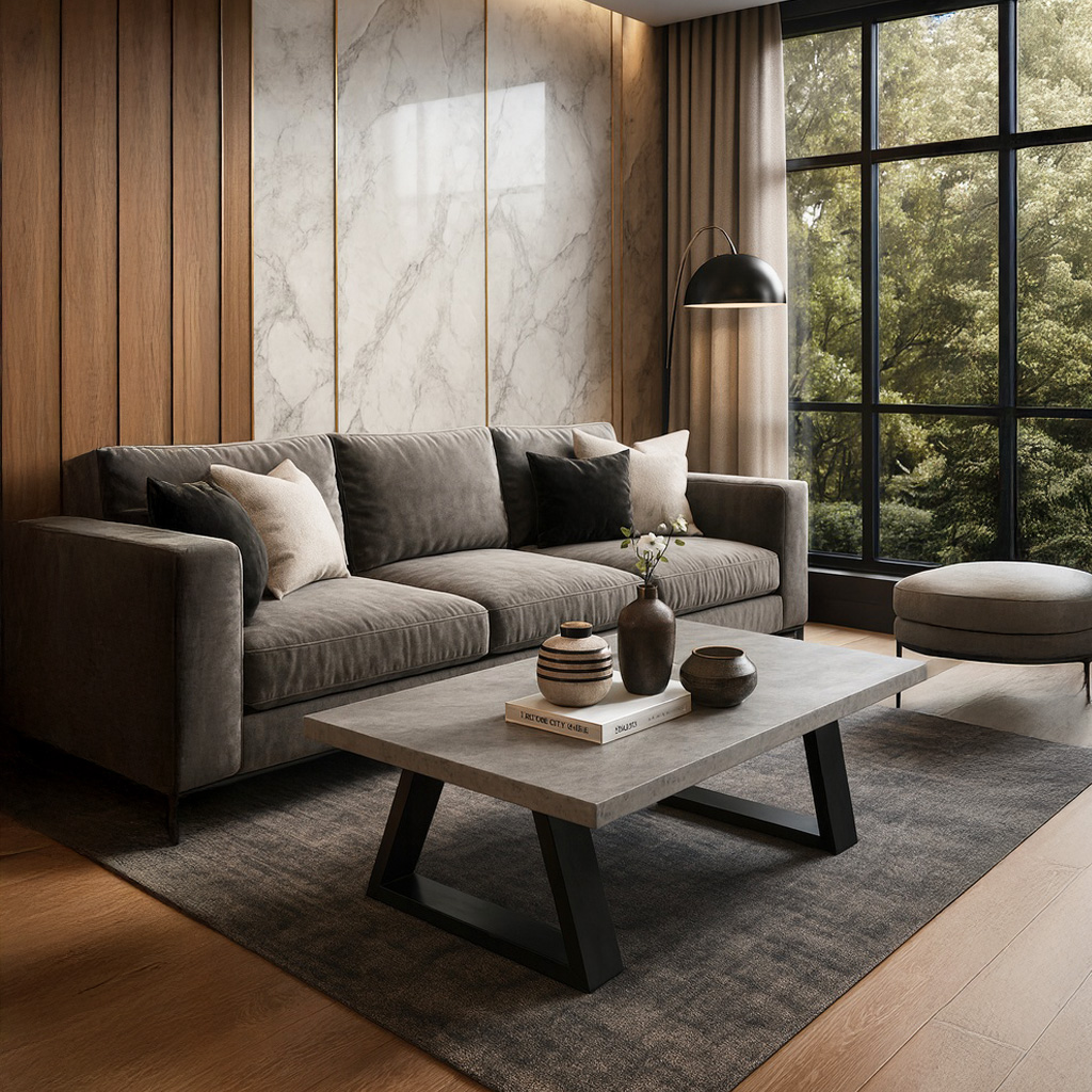 1024_0022 ΤΡΑΠΕΖΙ ΣΑΛΟΝΙΟΥ TRIVIO ΜΕ ΜΕΤΑΛΛΙΚΟ ΣΚΕΛΕΤΟ & ΕΠΙΦΑΝΕΙΑ ΑΠΟ ΜΕΛΑΜΙΝΗ ΜΕ ΥΦΗ ΤΣΙΜΕΝΤΟΥ ΣΕ ΑΝΟΙΧΤΟ ΓΚΡΙ - Image 1