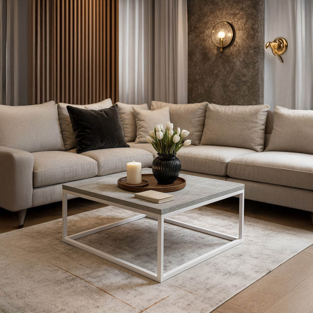 1024_0022 ΤΡΑΠΕΖΙ ΣΑΛΟΝΙΟΥ SIMPLY ΜΕ ΜΕΤΑΛΛΙΚΟ ΣΚΕΛΕΤΟ & ΕΠΙΦΑΝΕΙΑ ΑΠΟ ΜΕΛΑΜΙΝΗ ΜΕ ΥΦΗ ΤΣΙΜΕΝΤΟΥ ΣΕ ΛΕΥΚΟ - Image 1