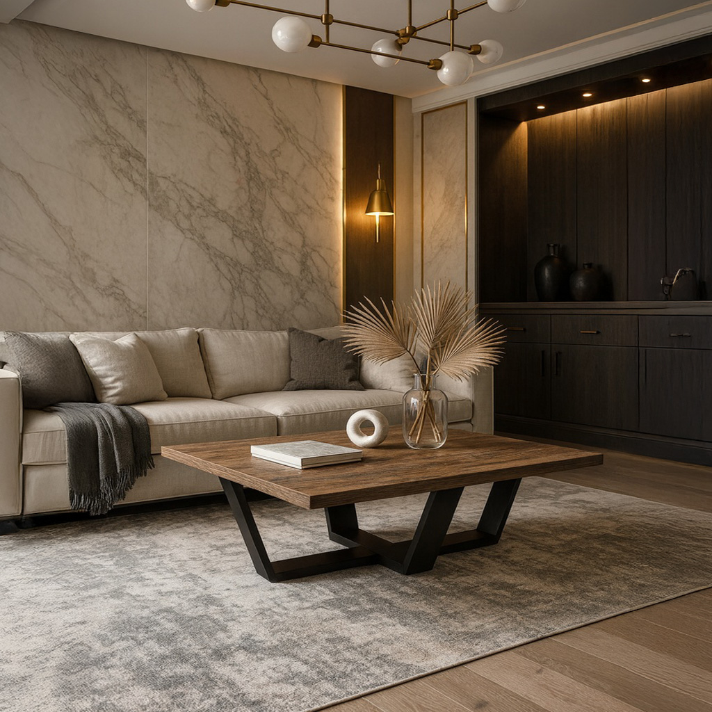 1024_7763 (1) ΤΡΑΠΕΖΙ ΣΑΛΟΝΙΟΥ RIVA ΜΕ ΜΕΤΑΛΛΙΚΟ ΣΚΕΛΕΤΟ & ΕΠΙΦΑΝΕΙΑ ΑΠΟ ΜΕΛΑΜΙΝΗ ΣΕ ΣΚΟΥΡΗ ΚΑΦΕ ΑΠΟΧΡΩΣΗ - Image 1