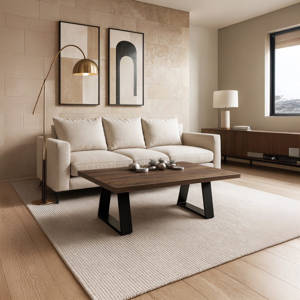 1024_7763 ΤΡΑΠΕΖΙ ΣΑΛΟΝΙΟΥ TRIVIO ΜΕ ΜΕΤΑΛΛΙΚΟ ΣΚΕΛΕΤΟ & ΕΠΙΦΑΝΕΙΑ ΑΠΟ ΜΕΛΑΜΙΝΗ ΣΕ ΣΚΟΥΡΗ ΚΑΦΕ ΑΠΟΧΡΩΣΗ - Image 1