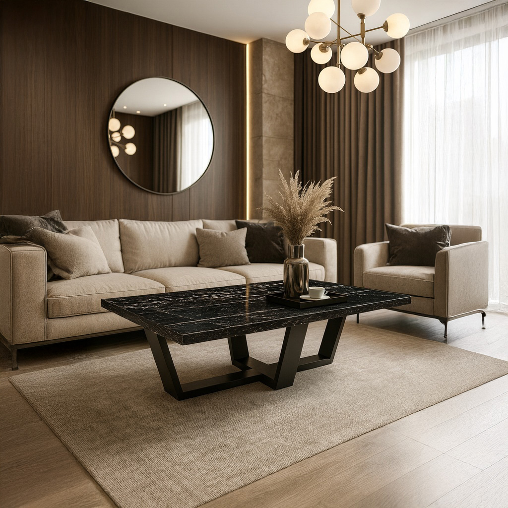 1024_7767 (1) ΤΡΑΠΕΖΙ ΣΑΛΟΝΙΟΥ RIVA ΜΕ ΜΕΤΑΛΛΙΚΟ ΣΚΕΛΕΤΟ & ΕΠΙΦΑΝΕΙΑ ΑΠΟ ΜΕΛΑΜΙΝΗ ΣΕ ΜΑΥΡΟ ΜΑΡΜΑΡΟ - Image 1