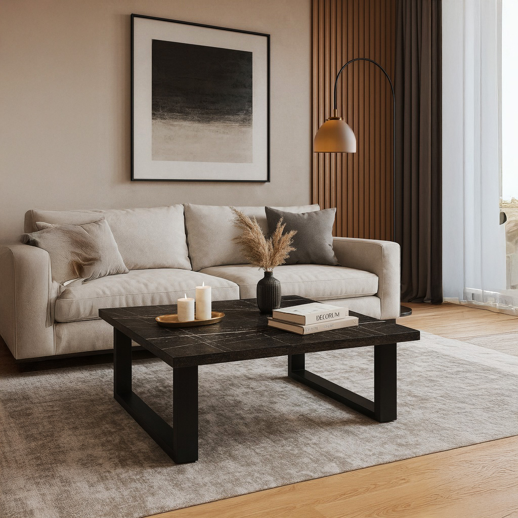 1024_7767 ΤΡΑΠΕΖΙ ΣΑΛΟΝΙΟΥ VERTO ΜΕ ΜΕΤΑΛΛΙΚΟ ΣΚΕΛΕΤΟ & ΕΠΙΦΑΝΕΙΑ ΑΠΟ ΜΕΛΑΜΙΝΗ ΣΕ ΟΨΗ ΜΑΥΡΟΥ ΜΑΡΜΑΡΟΥ - Image 1