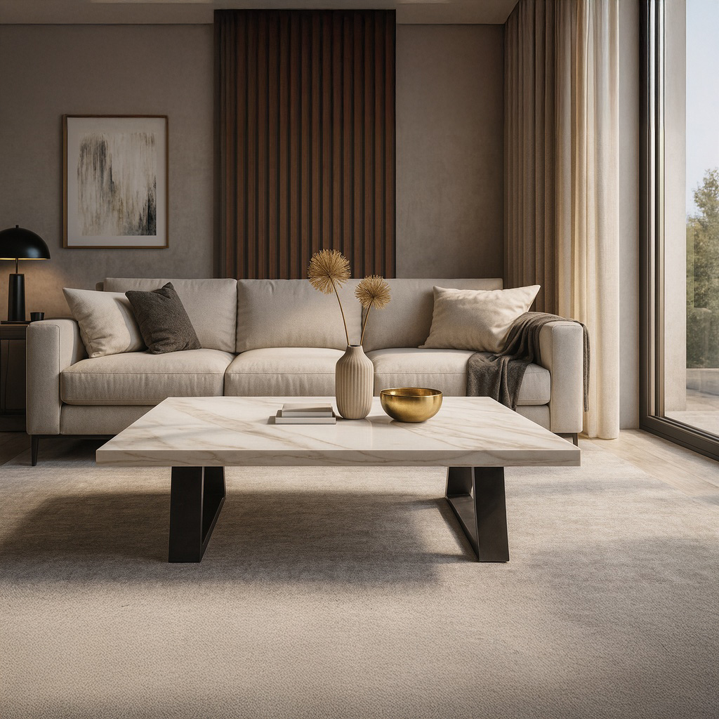 1024_Ep._Progetto ΤΡΑΠΕΖΙ ΣΑΛΟΝΙΟΥ TRIVIO ΜΕ ΜΕΤΑΛΛΙΚΟ ΣΚΕΛΕΤΟ & ΕΠΙΦΑΝΕΙΑ ΑΠΟ ΜΕΛΑΜΙΝΗ ΤΥΠΟΥ ΜΑΡΜΑΡΟ ΛΕΥΚΟ ΜΕ ΜΠΕΖ ΝΕΡΑ - Image 1