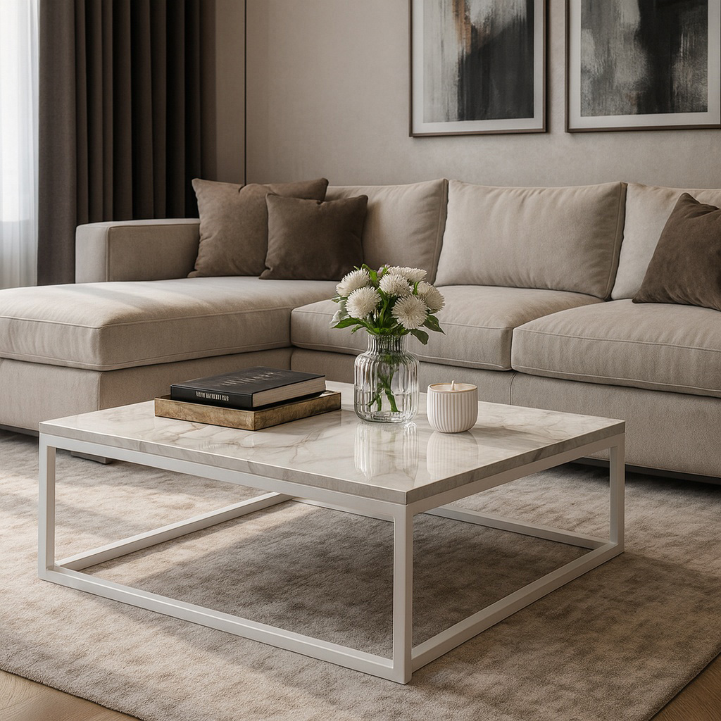 1024_Epifaneia_Progetto ΤΡΑΠΕΖΙ ΣΑΛΟΝΙΟΥ SIMPLY ΜΕ ΜΕΤΑΛΛΙΚΟ ΣΚΕΛΕΤΟ & ΕΠΙΦΑΝΕΙΑ ΑΠΟ ΜΕΛΑΜΙΝΗ ΤΥΠΟΥ ΜΑΡΜΑΡΟ ΛΕΥΚΟ ΜΕ ΜΠΕΖ ΝΕΡΑ - Image 1