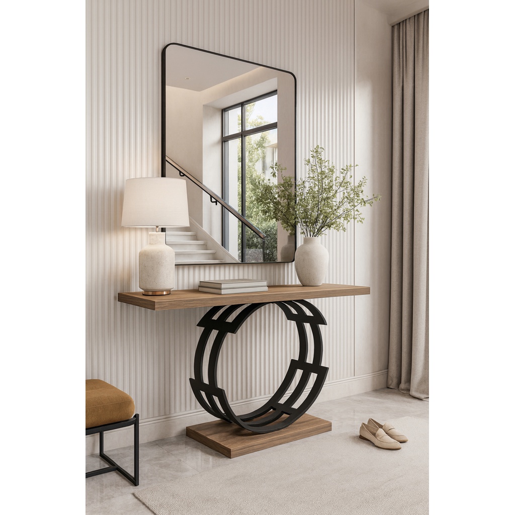 1024_K529 ΕΠΙΠΛΟ ΕΙΣΟΔΟΥ AMALFI ΜΕ ΜΕΤΑΛΛΙΚΗ ΒΑΣΗ & ΞΥΛΙΝΗ ΕΠΙΦΑΝΕΙΑ ΣΕ ΦΥΣΙΚΗ ΑΠΟΧΡΩΣΗ - Image 1