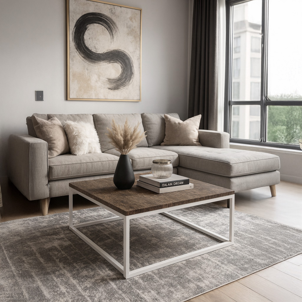 1024_trapeziasprivasi_7763 ΤΡΑΠΕΖΙ ΣΑΛΟΝΙΟΥ SIMPLY ΜΕ ΜΕΤΑΛΛΙΚΟ ΣΚΕΛΕΤΟ & ΕΠΙΦΑΝΕΙΑ ΑΠΟ ΜΕΛΑΜΙΝΗ ΣΕ ΣΚΟΥΡΑ ΚΑΦΕ ΑΠΟΧΡΩΣΗ - Image 1