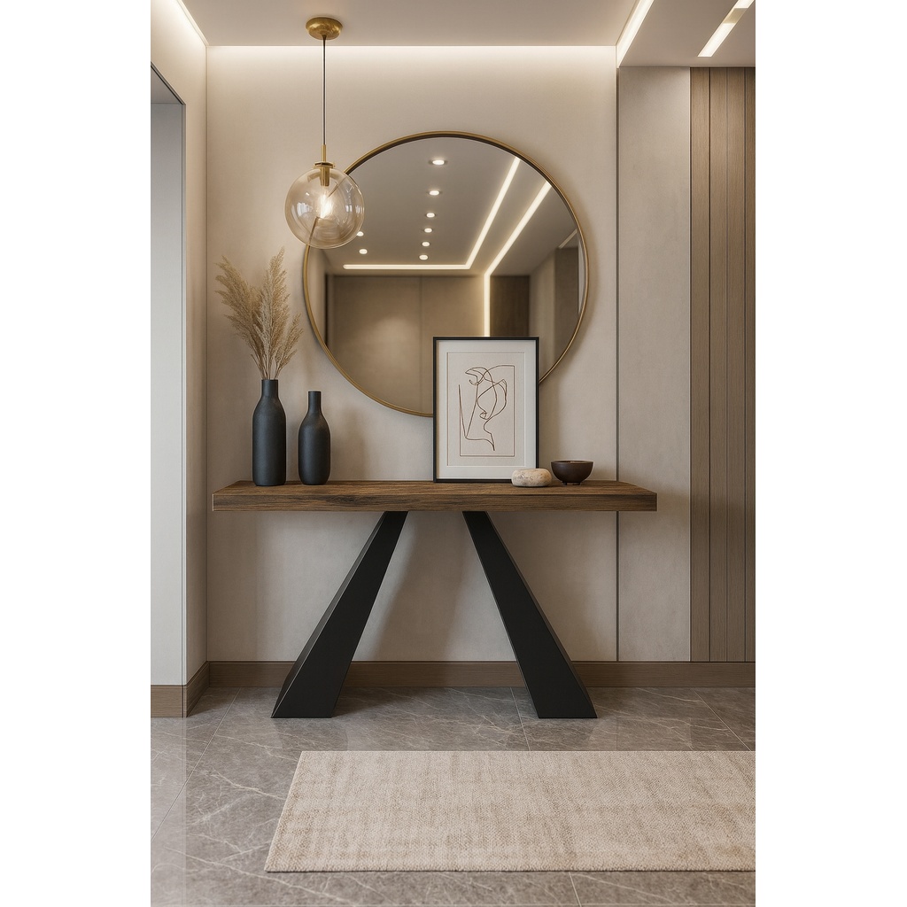 7763_1024 ΕΠΙΠΛΟ ΕΙΣΟΔΟΥ FELLINI ΜΕ ΜΕΤΑΛΛΙΚΗ ΒΑΣΗ & ΞΥΛΙΝΗ ΕΠΙΦΑΝΕΙΑ ΣΕ ΣΚΟΥΡΟ ΚΑΦΕ - Image 1