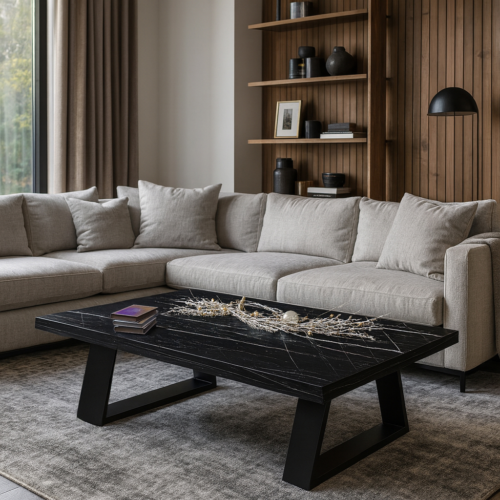 7767 ΤΡΑΠΕΖΙ ΣΑΛΟΝΙΟΥ TRIVIO ΜΕ ΜΕΤΑΛΛΙΚΟ ΣΚΕΛΕΤΟ & ΕΠΙΦΑΝΕΙΑ ΑΠΟ ΜΕΛΑΜΙΝΗ ΣΕ ΜΑΥΡΟ ΜΑΡΜΑΡΟ - Image 1