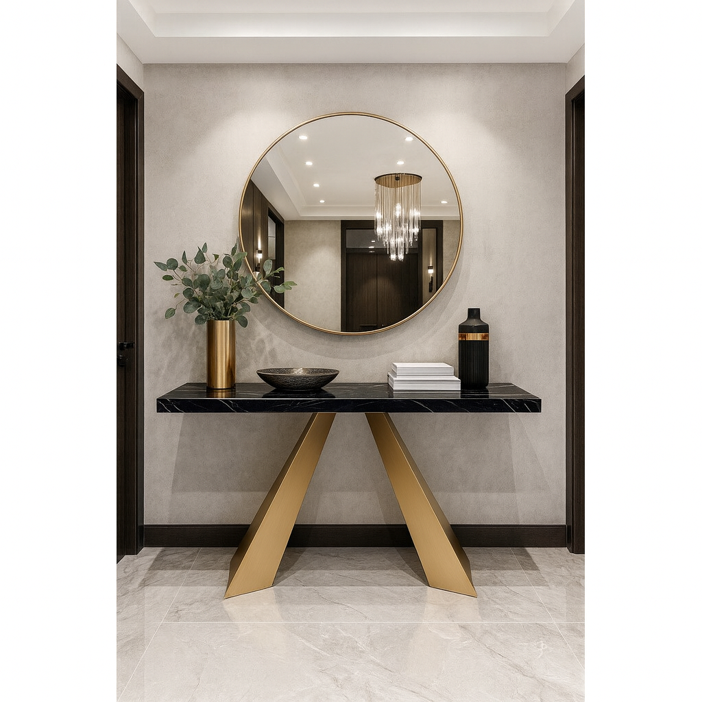 7767 Gold ΕΠΙΠΛΟ ΕΙΣΟΔΟΥ FELLINI ΜΕ ΜΕΤΑΛΛΙΚΗ ΒΑΣΗ & ΞΥΛΙΝΗ ΕΠΙΦΑΝΕΙΑ ΣΕ ΟΨΗ ΜΑΥΡΟΥ ΜΑΡΜΑΡΟΥ - Image 1