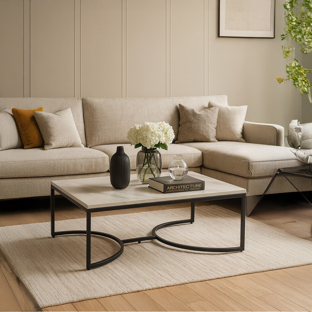 Ep.Progetto ΤΡΑΠΕΖΙ ΣΑΛΟΝΙΟΥ ATLAS ΜΕ ΜΕΤΑΛΛΙΚΟ ΣΚΕΛΕΤΟ & ΕΠΙΦΑΝΕΙΑ ΑΠΟ ΜΕΛΑΜΙΝΗ ΤΥΠΟΥ ΜΑΡΜΑΡΟ ΛΕΥΚΟ ΜΕ ΜΠΕΖ ΝΕΡΑ - Image 1