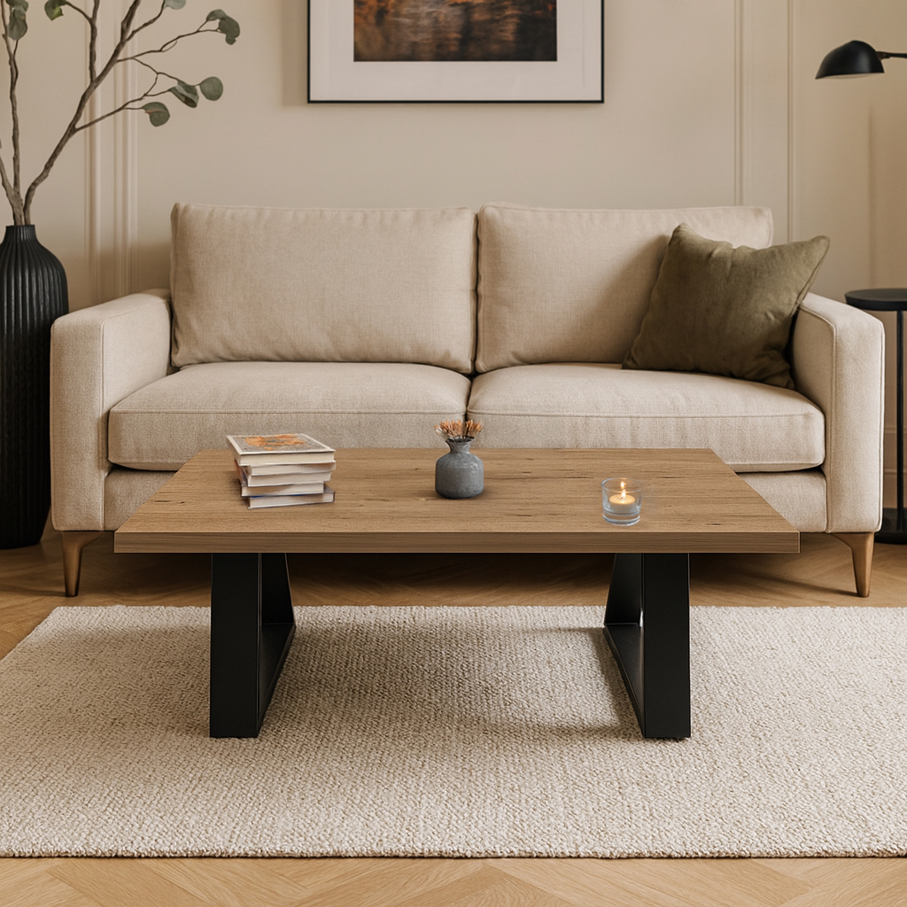 K529 ΤΡΑΠΕΖΙ ΣΑΛΟΝΙΟΥ TRIVIO ΜΕ ΜΕΤΑΛΛΙΚΟ ΣΚΕΛΕΤΟ & ΕΠΙΦΑΝΕΙΑ ΑΠΟ ΜΕΛΑΜΙΝΗ ΣΕ ΑΠΟΧΡΩΣΗ ΦΥΣΙΚΟΥ ΞΥΛΟΥ - Image 1