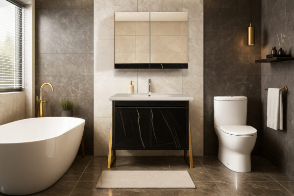 ΕΠΙΠΛΟ ΜΠΑΝΙΟΥ 7767 GOLD-PRESTIGIA 80 cm ΜΕ ΒΑΣΕΙΣ ΣΤΑ ΠΛΑΓΙΑ ΣΕ ΟΨΗ ΜΑΥΡΟΥ ΜΑΡΜΑΡΟΥ