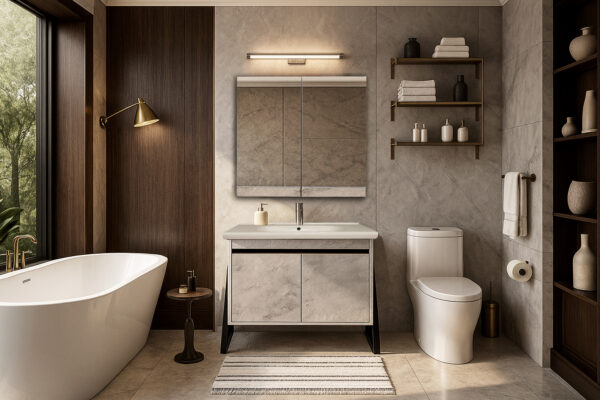 ΕΠΙΠΛΟ ΜΠΑΝΙΟΥ 7775-PRESTIGIA 80 cm ΜΕ ΒΑΣΕΙΣ ΣΤΟ ΠΛΑΙ ΣΕ ΟΨΗ ΛΕΥΚΟΥ ΜΑΡΜΑΡΟΥ ΜΕ ΓΚΡΙ ΝΕΡΑ