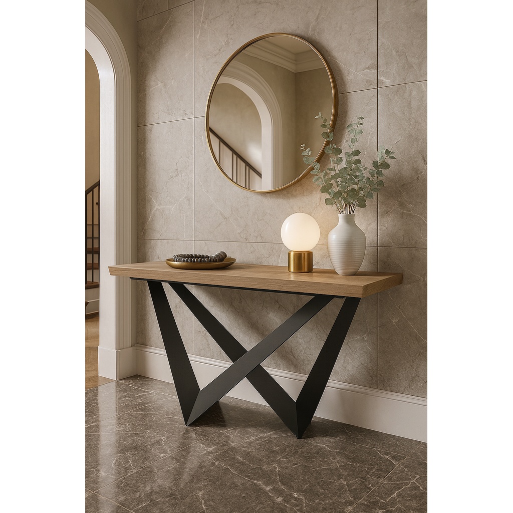 resized_Κ529 ΕΠΙΠΛΟ ΕΙΣΟΔΟΥ WALL ΜΕ ΞΥΛΙΝΗ ΕΠΙΦΑΝΕΙΑ ΣΕ ΦΥΣΙΚΗ ΑΠΟΧΡΩΣΗ & ΜΕΤΑΛΛΙΚΗ ΒΑΣΗ - Image 1