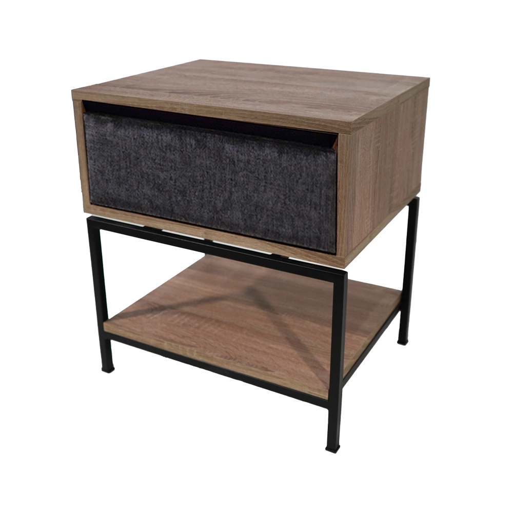 ανοιχτο ξυλινη μαυρη Κομοδίνο Komo-Woodtex με Υφασμάτινο Συρτάρι & Μαύρη Μεταλλική Βάση - Image 1