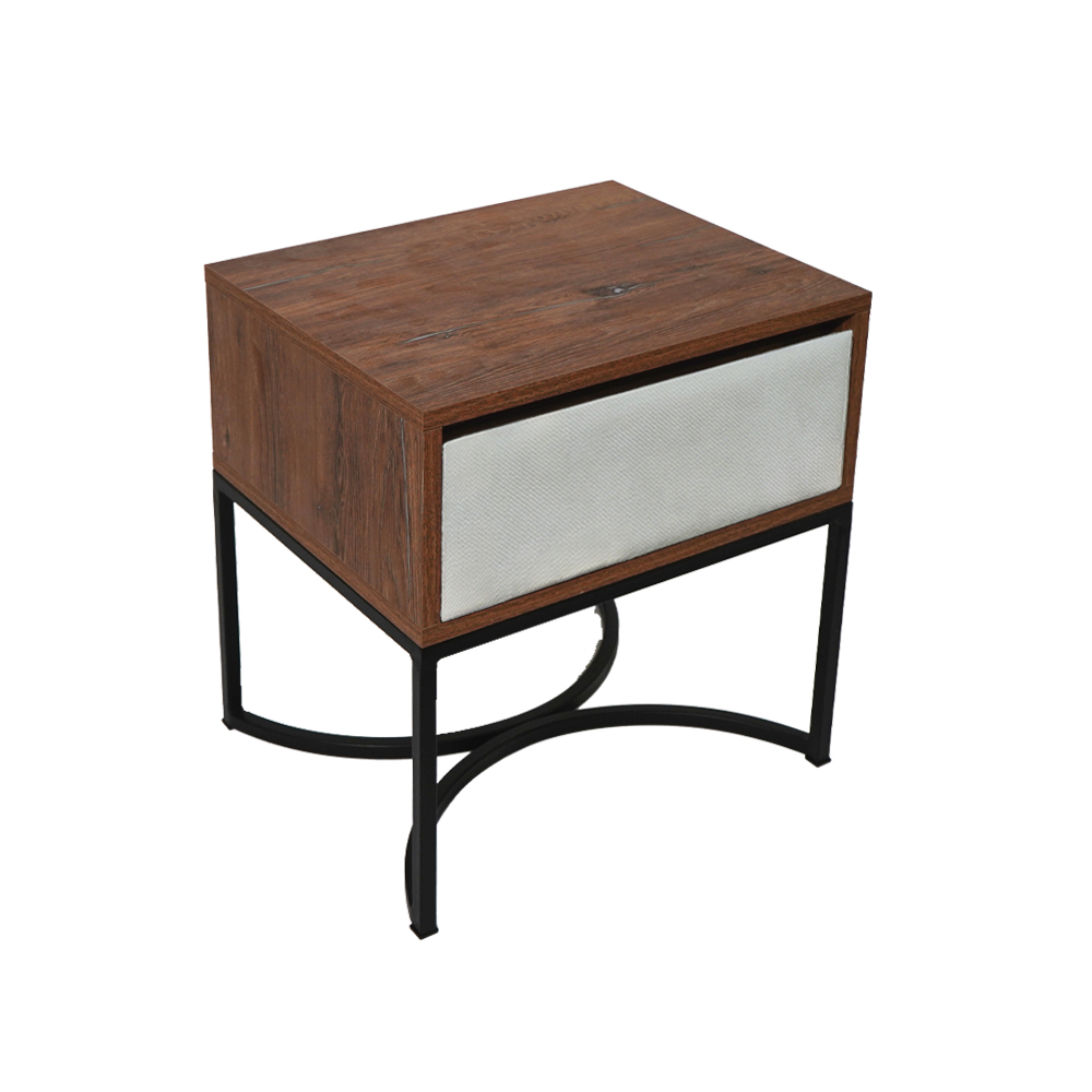 ξυλο σκουρο μαυρη Κομοδίνο Komo-Arco Mε Υφασμάτινη Λεπτομέρεια & Μαύρη Μεταλλική Βάση - Image 1