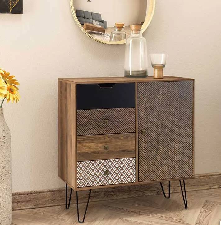 066-000003-1 Μπουφές-συρταριέρα Boho με συρτάρια καρυδί μεταλλικά πόδια - Image 1