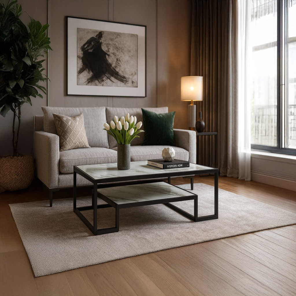 1024_ROMEO Progetto ΤΡΑΠΕΖΙ ΣΑΛΟΝΙΟΥ ROMEO ΣΕ ΑΠΟΧΡΩΣΗ ΛΕΥΚΟ ΜΑΡΜΑΡΟ ΜΕ ΜΠΕΖ ΝΕΡΑ ΚΑΙ ΜΕΤΑΛΛΙΚΟ ΣΚΕΛΕΤΟ - Image 1