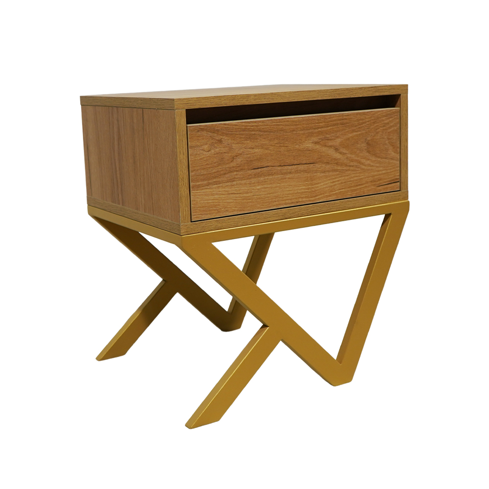 2 Κομοδίνο Komo-Kuro Mε Επιφάνεια Σε Ανοιχτή Απόχρωση Ξύλου Και Χρυσή Μεταλλική Βάση - Image 1