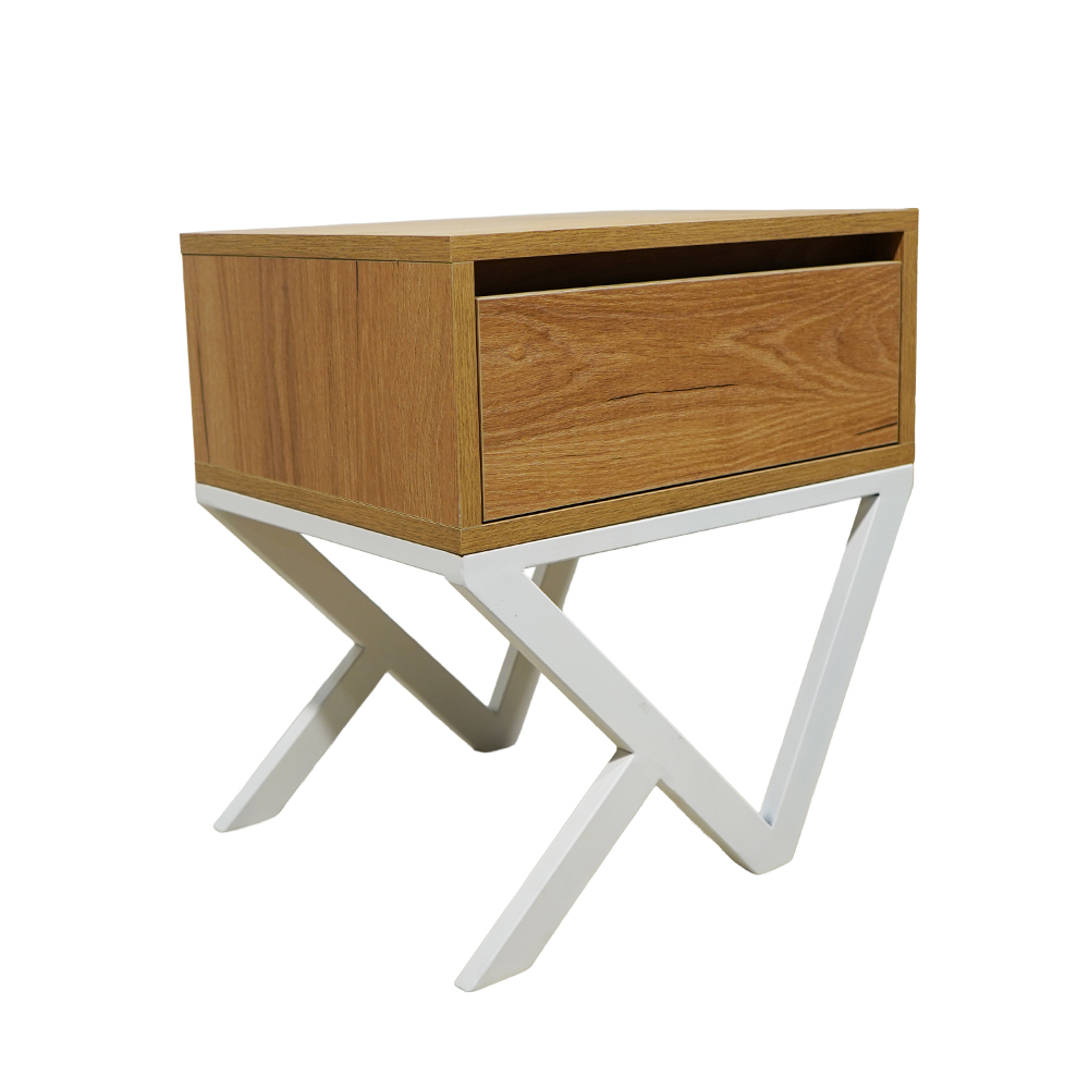 2 Κομοδίνο Komo-Kuro Mε Επιφάνεια Σε Ανοιχτή Απόχρωση Ξύλου Και Λευκή Μεταλλική Βάση - Image 1