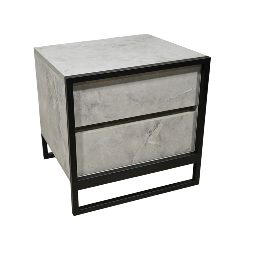 2 Κομοδίνο Komo-Frame Με Επιφάνεια Σε Όψη Λευκού Μάρμαρου Με Γκρί Νερά Και Μαύρη Μεταλλική Βάση - Image 1