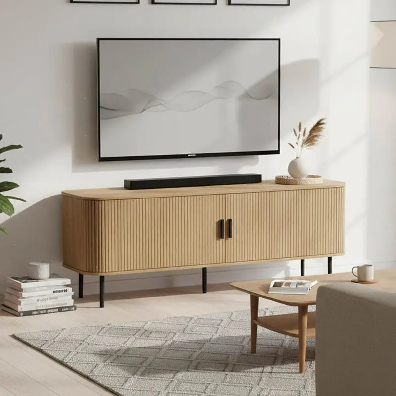 260-000006 Μπουφές-έπιπλο τηλεόρασης μεσαίου μεγέθους Scandi MDF φυσικό με μεταλλικά μαύρα πόδια - Image 1