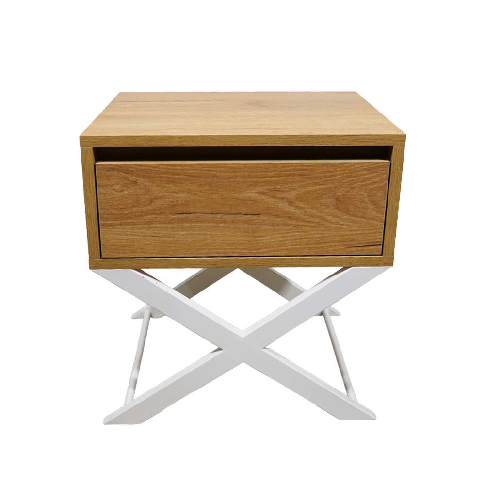 4 Κομοδίνο Komo-Vetro Mε Επιφάνεια Σε Ανοιχτή Απόχρωση Ξύλου Και Λευκή Μεταλλική Βάση - Image 1