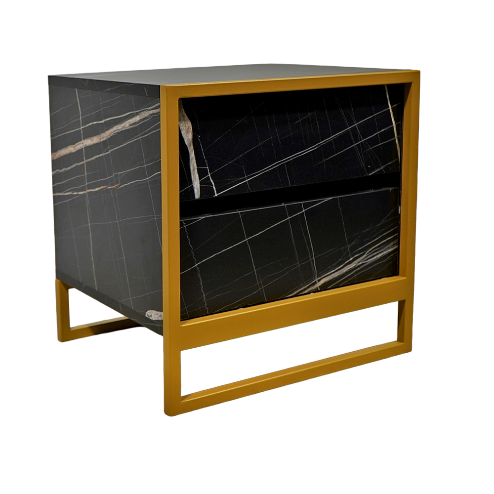 5 xrysi Κομοδίνο Komo-Frame Με Επιφάνεια Σε Όψη Μαύρου Μάρμαρου Και Χρυσή Μεταλλική Βάση - Image 1