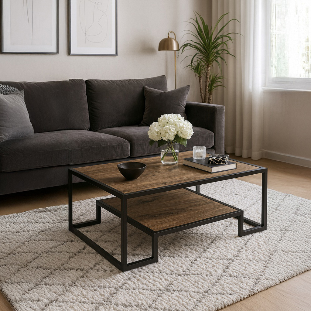 ROMEO 7763 ΤΡΑΠΕΖΙ ΣΑΛΟΝΙΟΥ ROMEO ΜΕ ΣΚΟΥΡΗ ΚΑΦΕ ΕΠΙΦΑΝΕΙΑ ΚΑΙ ΜΕΤΑΛΛΙΚΟ ΣΚΕΛΕΤΟ - Image 1