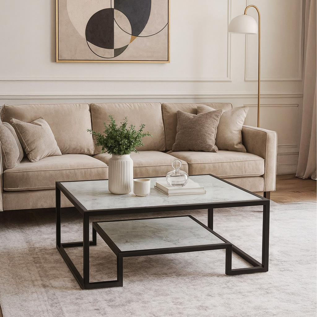 ROMEO 7775 ΤΡΑΠΕΖΙ ΣΑΛΟΝΙΟΥ ROMEO ΣΕ ΑΠΟΧΡΩΣΗ ΛΕΥΚΟ ΜΑΡΜΑΡΟ ΚΑΙ ΜΕΤΑΛΛΙΚΟ ΣΚΕΛΕΤΟ - Image 1