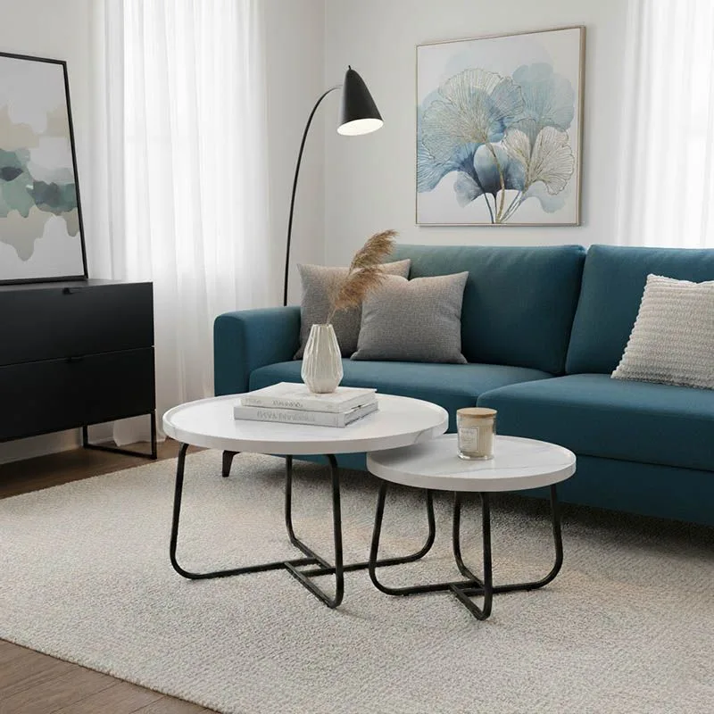 029-000240 Tραπέζια σαλονιού Crismory σετ 2τεμ MDF σε απόχρωση λευκό μαρμάρου και μαύρα μεταλλικά πόδια - Image 1