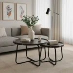 Tραπέζια σαλονιού Crismory σετ 2τεμ MDF σε απόχρωση μαύρο μαρμάρου και μαύρα μεταλλικά πόδια