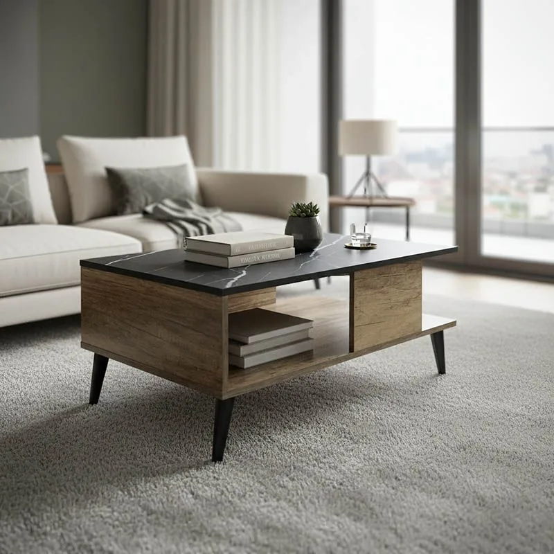 049-000064 Τραπέζι σαλονιού Moses χρώμα μαύρο μαρμάρου-καρυδί - Image 1