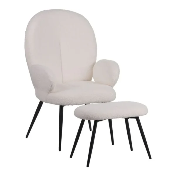 Πολυθρόνα με υποπόδιο Qarar μπουκλέ ύφασμα σε λευκή απόχρωση με μαύρα μεταλλικά πόδια