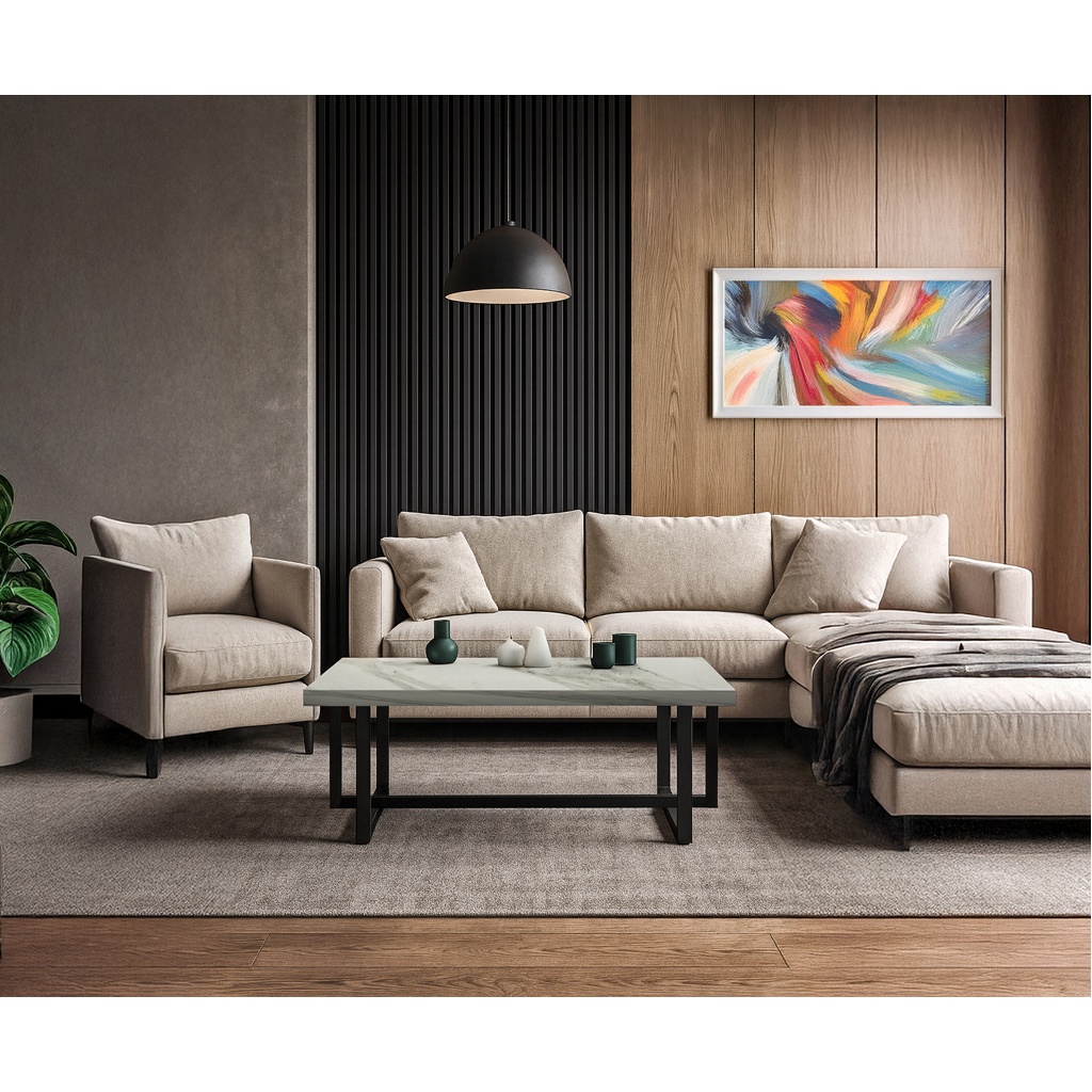 1024_Ernest Progetto ΤΡΑΠΕΖΙ ΣΑΛΟΝΙΟΥ ERNEST ΣΕ ΛΕΥΚΟ ΜΑΡΜΑΡΟ ΜΕ ΜΠΕΖ ΝΕΡΑ ΚΑΙ ΜΑΥΡΗ ΜΕΤΑΛΛΙΚΗ ΒΑΣΗ - Image 1