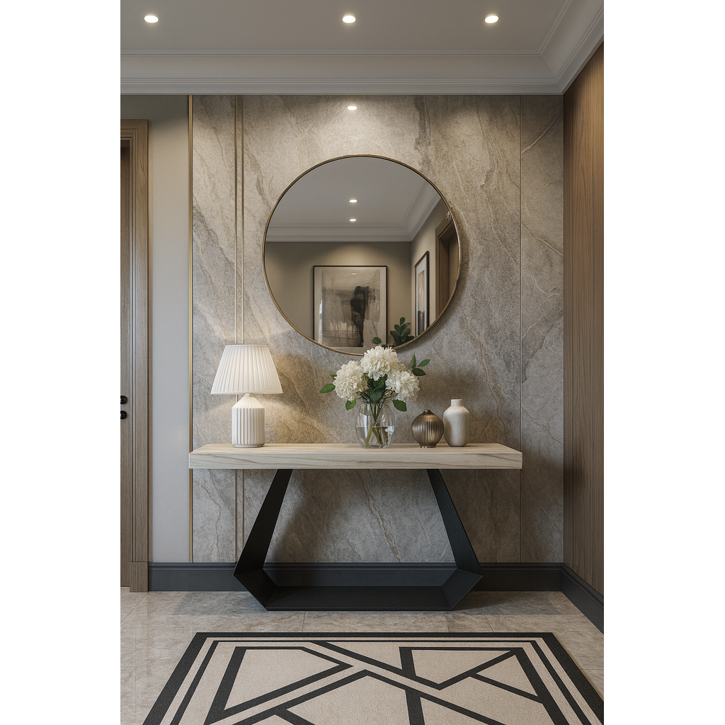 1024_Progetto ΕΠΙΠΛΟ ΕΙΣΟΔΟΥ STRUMMY ΜΕ ΜΕΤΑΛΛΙΚΗ ΒΑΣΗ KAI ΕΠΙΦΑΝΕΙΑ ΜΕΛΑΜΙΝΗΣ ΜΕ ΟΨΗ ΛΕΥΚΟΥ ΜΑΡΜΑΡΟΥ ΜΕ ΜΠΕΖ ΝΕΡΑ - Image 1