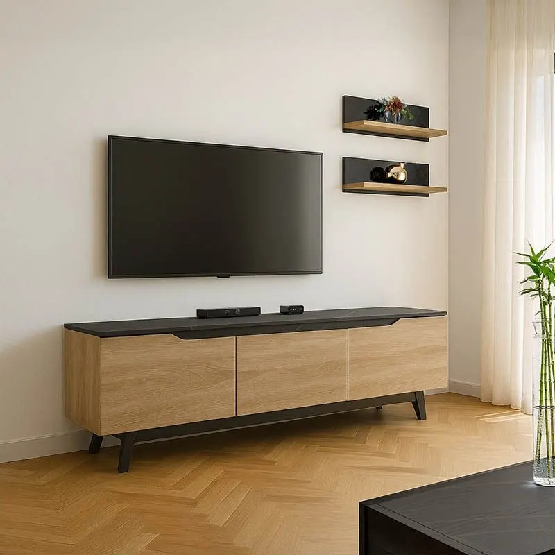 230-000077 Σύνθετο σαλονιού Kasia σε μαύρο μαρμάρου-sonoma απόχρωση - Image 1