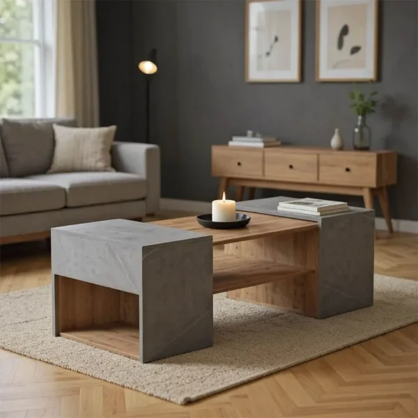 Τραπέζι σαλονιού Morfi πολυμορφικό 3τεμ σε oak-μπεζ μαρμάρου απόχρωση