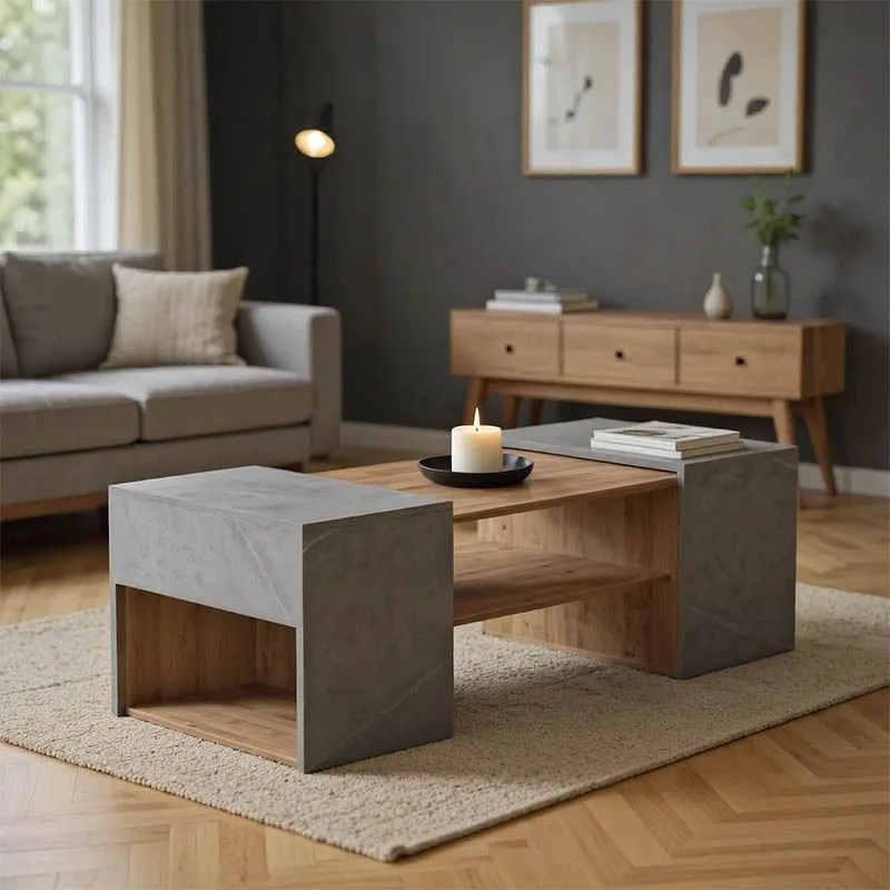 230-000087 Τραπέζι σαλονιού Morfi πολυμορφικό 3τεμ σε oak-μπεζ μαρμάρου απόχρωση - Image 1