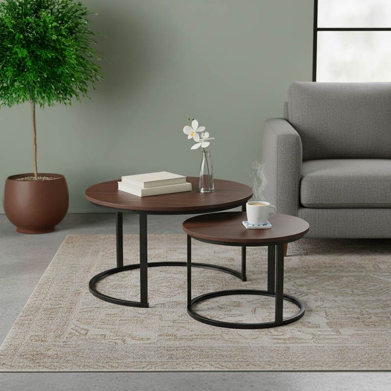 271-000042 Τραπέζια σαλονιού Solme I 2τεμ σε καρυδί απόχρωση με μαύρα μεταλλικά πόδια - Image 1